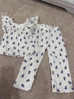 Zara Cream Floral Two-Piece Set with Blue and Brown Accents